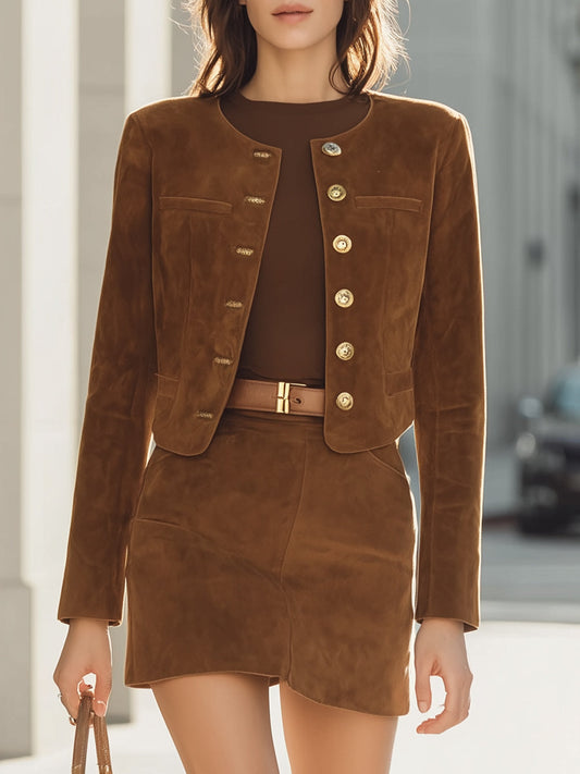 Chic Brown Suede Button-Up Jacket And Skirt Set