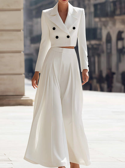 Double-Breasted Cropped Blazer & Pleated Wide-Leg Pants Set