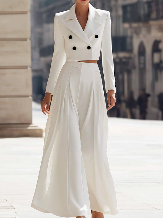 Double-Breasted Cropped Blazer & Pleated Wide-Leg Pants Set