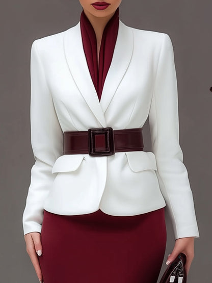 Faux Colorblock Layered Collar Blazer Set With Maxi Skirt