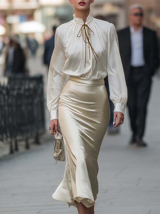 Ivory Satin Tie-Neck Blouse & Mermaid Skirt Set