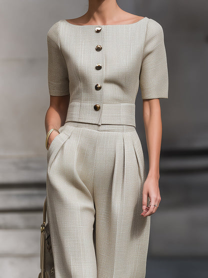 Cropped Button-Front Linen-Blend Set In Sandstone Beige