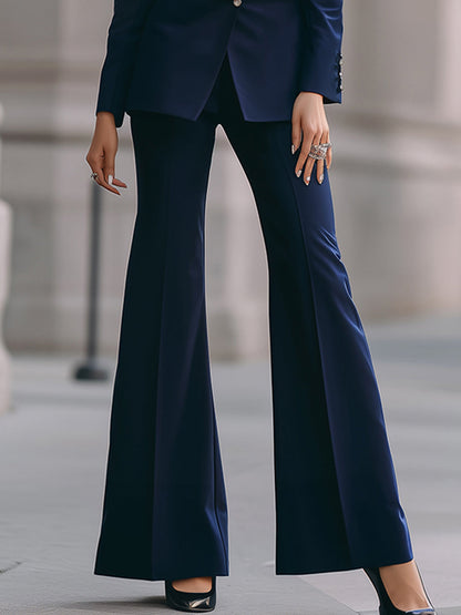 Stylish Single-Breasted Contrast Trim Flared Pantsuit