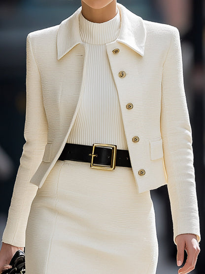Cream Textured Cropped Jacket And Mini Skirt Suit Set With Belted Waist