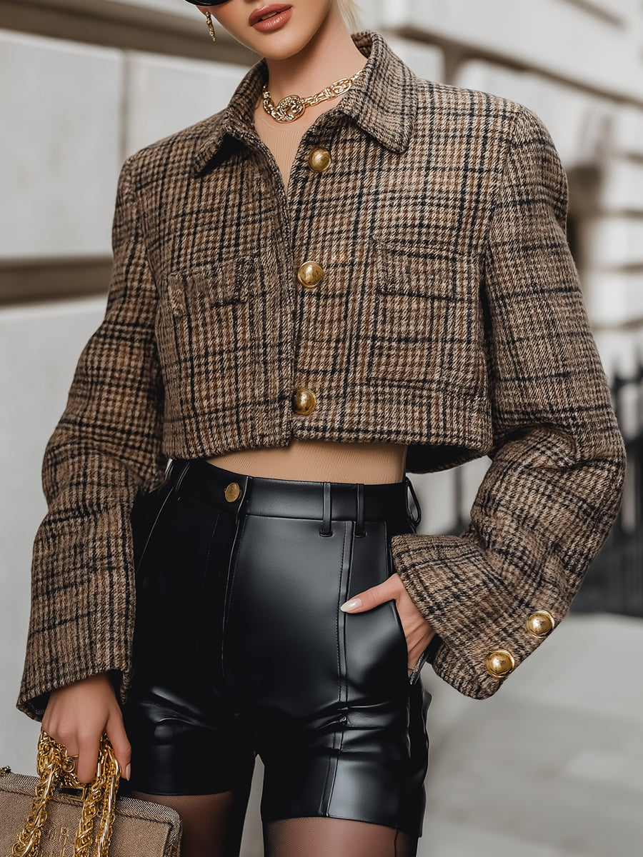 Cropped Glen Plaid Jacket With Gold Buttons & Faux Leather Shorts Set