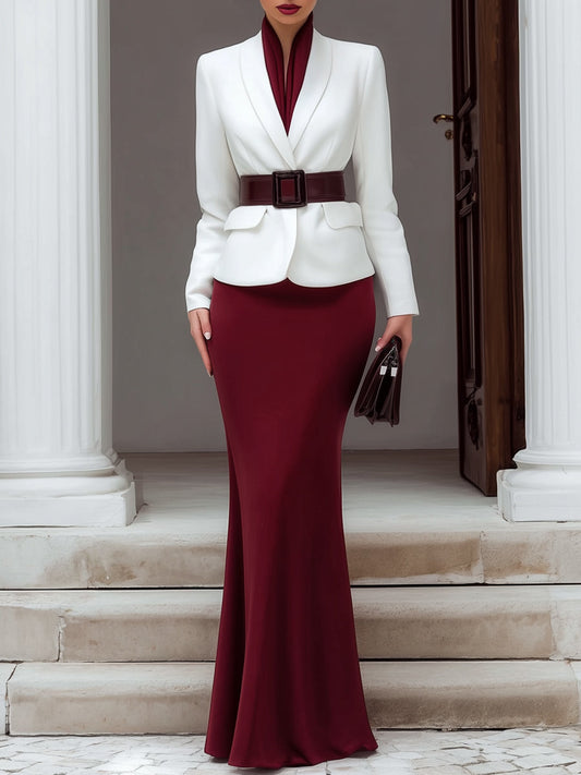 Faux Colorblock Layered Collar Blazer Set With Maxi Skirt