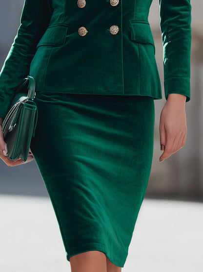Emerald Velvet Double-Breasted Skirt Suit