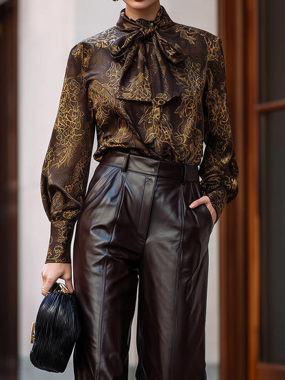 Baroque Bow Blouse & Leather Trousers Set